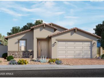 Charming single-story home boasts a neutral color scheme, complemented by stone accents and a spacious two-car garage at 4264 W Hannah St, San Tan Valley, AZ 85144