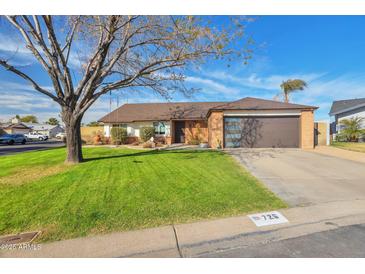 Charming single-story home with well-manicured lawn, mature tree, and modern garage door at 726 E Aire Libre Ave, Phoenix, AZ 85022