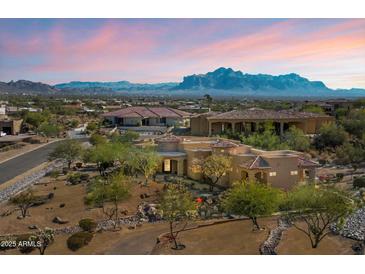 Stunning aerial view of a desert home with mountain views and lush landscaping at 9515 E Julep Cir, Mesa, AZ 85207