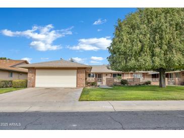 Charming single-story brick home with a well-manicured lawn and mature shade tree at 9606 W Shasta Dr, Sun City, AZ 85351