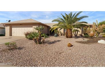 Expansive front yard featuring desert landscaping, including a large palm tree and various cacti at 1873 Leisure World --, Mesa, AZ 85206