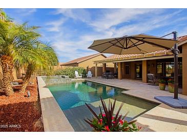 Inviting pool and patio area with lush landscaping and shade umbrella providing an oasis for outdoor enjoyment at 3768 N 162Nd Ln, Goodyear, AZ 85395