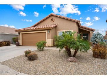 Charming single-story home featuring a tile roof, two-car garage, and desert landscaping with a lovely palm tree at 9263 E Monterey Ave, Mesa, AZ 85209