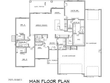 Detailed main floor plan showcasing bedrooms, bathrooms, living spaces, kitchen, garage, and covered patio at 28329 N 213Th Dr, Wittmann, AZ 85361