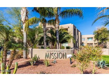 Scottsdale Mission property sign surrounded by desert landscaping and palm trees at 11260 N 92Nd St # 1060, Scottsdale, AZ 85260