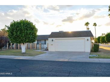Charming single-level home featuring a two-car garage, mature trees, and manicured landscaping at 10523 W Roundelay Cir, Sun City, AZ 85351