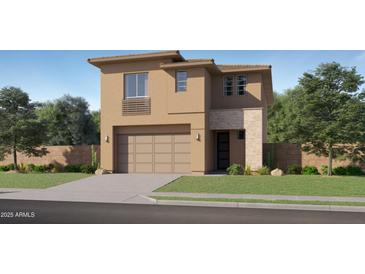 Two-story home with desert landscaping, tan stucco, two car garage, and stone accents at 10209 E Ursula Ave, Mesa, AZ 85212