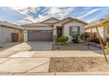 Charming single-story home featuring a well-manicured front yard, a two-car garage, and a welcoming entrance at 25610 N 144Th Ln, Surprise, AZ 85387