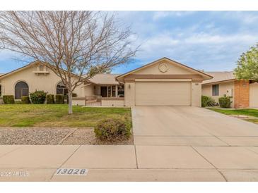 Charming single-story home featuring a well-maintained front yard, mature tree, and a spacious two-car garage at 13026 W Peach Blossom Dr, Sun City West, AZ 85375