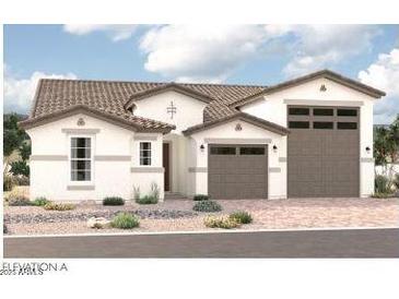Charming single-story home featuring a multi-car garage, decorative roofline, and desert landscaping at 25371 N 158Th Ct, Surprise, AZ 85387