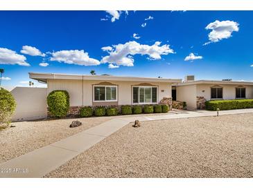 Charming single-story home with manicured landscaping and a well-maintained desert front yard at 14209 N Palm Ridge Dr, Sun City, AZ 85351