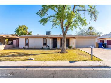 Inviting single-story home featuring a well-maintained yard, two-car garage, and mature shade tree at 1926 E El Moro Ave, Mesa, AZ 85204