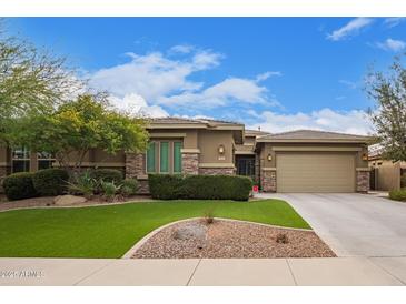 Beautiful single-story home featuring manicured landscaping and stone accents on the facade at 3881 E Birchwood Pl, Chandler, AZ 85249