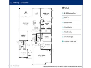 Detailed floor plan showcasing the layout of the Mercury home design with labelled rooms and dimensions at 34440 N Timberlake N Mnr, San Tan Valley, AZ 85144