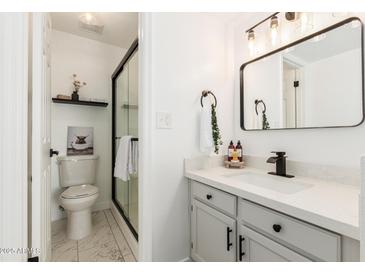 Stylish bathroom features a modern vanity, updated fixtures, and a shower with a glass door at 623 W Guadalupe Rd # 228, Mesa, AZ 85210