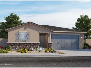 Inviting single-story home features stone accents, neutral stucco, and a two-car garage at 16076 W Prickly Pear Trl, Surprise, AZ 85387