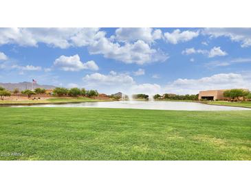 Community pond featuring a fountain, surrounding grassy area, and neighborhood views at 2463 E Stacey Rd, Gilbert, AZ 85298