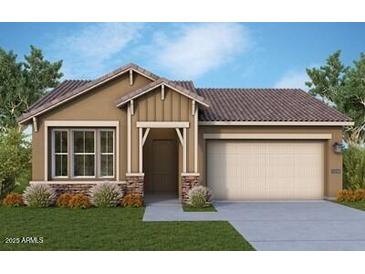 Charming single-story home with a stone-accented facade, neutral stucco, and well-manicured landscaping at 32970 N 131St Dr, Peoria, AZ 85383