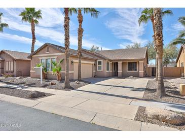 Charming single-story home featuring desert landscaping with elegant palm trees and a spacious driveway at 11844 N 146Th Ave, Surprise, AZ 85379