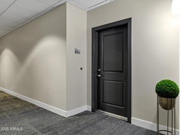 Hallway showing unit's front door with modern paint colors and dark carpeting at 945 E Playa Del Norte Dr # 5005, Tempe, AZ 85288