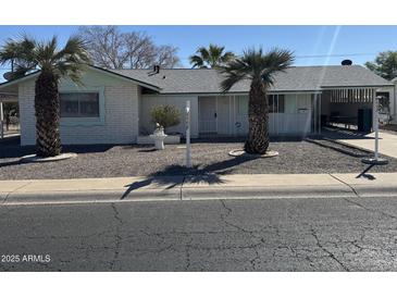 Charming single-story home with well-maintained landscaping, desert rock, and decorative palm trees at 10013 W Alabama Ave, Sun City, AZ 85351