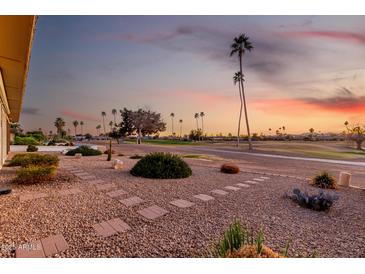 Beautiful desert landscaping leading to a golf course and palm trees during a stunning sunset at 12539 W Paintbrush Dr, Sun City West, AZ 85375