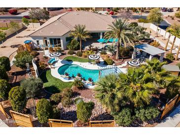 A landscaped yard featuring a pool, slide, umbrellas, lush landscaping, a covered structure, and elegant seating at 10417 N 180Th Dr, Waddell, AZ 85355