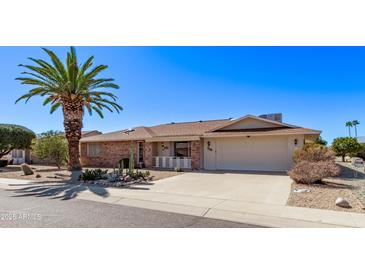 Charming single-story brick home with a desert landscaped yard and a mature palm tree at 10609 W Concho Cir, Sun City, AZ 85373