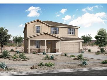 Charming two-story home showcasing a neutral color palette, inviting front porch, and attached two-car garage at 4133 W Eli Dr, San Tan Valley, AZ 85144