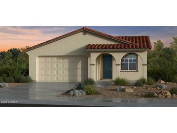 Charming single-story home featuring a red tile roof, desert landscaping, and a two-car garage at 7828 E Quintana Ave, Mesa, AZ 85212