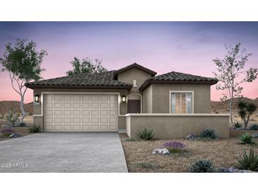 Charming single-story home featuring a desert landscape, tile roof, and a two-car garage at 16575 N Comet Trl, Maricopa, AZ 85138