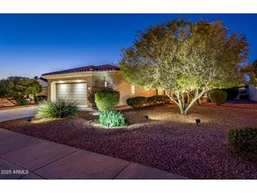 A well-maintained yard highlights desert landscaping and lighting outside this lovely home at 13434 W El Sueno Ct, Sun City West, AZ 85375