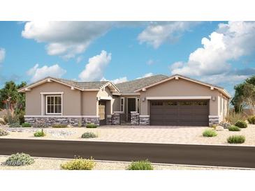 Charming single-story home featuring desert landscaping, a two-car garage, and a decorative stone facade for added curb appeal at 20570 S 216Th Pl, Queen Creek, AZ 85142