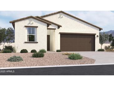 Charming single-Gathering home displaying stucco siding, neutral color palette, complemented by a well-manicured landscape at 47733 W Kenner Dr, Maricopa, AZ 85139