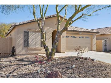 Charming single-story home with desert landscaping, mature tree, and inviting curb appeal at 19595 N 107Th Dr, Sun City, AZ 85373