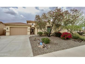 Inviting home featuring a tiled roof, mature desert landscaping, and a secure gated entry at 31483 N 133Rd Dr, Peoria, AZ 85383