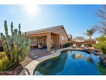 Inviting backyard showcasing a sparkling pool, covered patio, and lush desert landscaping at 1013 S Hazel Ct, Gilbert, AZ 85296