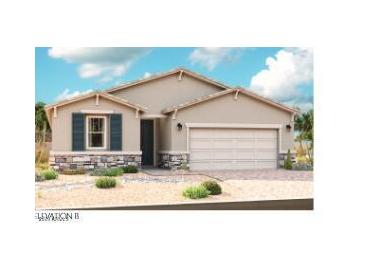 Charming single-story home featuring a two-car garage, stone accents, and a covered porch at 2713 N 195Th Dr, Buckeye, AZ 85396