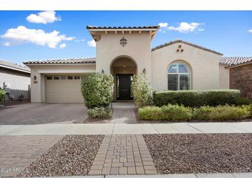 Charming single-story home with lush landscaping and a welcoming entrance with a covered entryway at 10145 E Cintron Dr, Mesa, AZ 85212