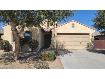 Charming single-story home with a two car garage, lush landscaping, and a welcoming front entrance at 16966 W Rio Vista Ln, Goodyear, AZ 85338