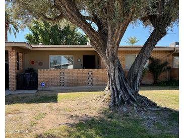 Charming brick home featuring mature landscaping and a welcoming front facade at 10323 W Deanne Dr, Sun City, AZ 85351