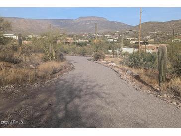 Long gravel driveway leading up to a desert home with mountain views in the background at 45020 N 18Th St, New River, AZ 85087