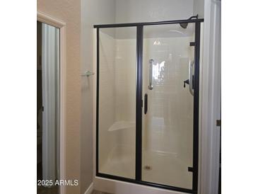 Walk-in shower with glass doors and convenient grab bar at 6001 E Southern Ave # 68, Mesa, AZ 85206