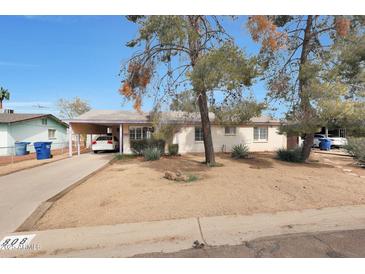 Charming single-story home featuring desert landscaping, a carport, and mature trees shading the front at 808 W 9Th St, Tempe, AZ 85281