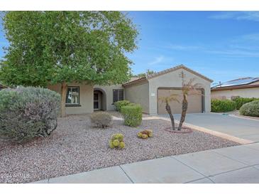 Charming single-story home featuring a low maintenance desert landscape and two car garage at 19602 N Canyon Whisper Dr, Surprise, AZ 85387