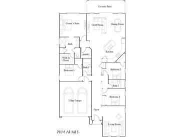 Detailed floorplan showcasing the layout, including the owner's suite, bedrooms, kitchen, and 2-bay garage at 15818 W Kendall St, Goodyear, AZ 85338