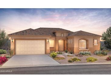 Inviting single-story home features a tile roof, arched window detail, and a two-car garage at 7854 W Mockingbird Way, Florence, AZ 85132