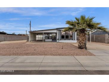 Charming single-story home featuring a carport, desert landscaping, and mature palm tree at 2570 W Scenic St, Apache Junction, AZ 85120