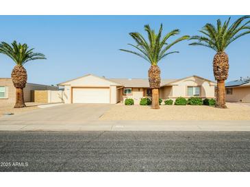 Charming single-story home featuring a two-car garage, desert landscaping and mature palm trees at 9634 W Glen Oaks N Cir, Sun City, AZ 85351