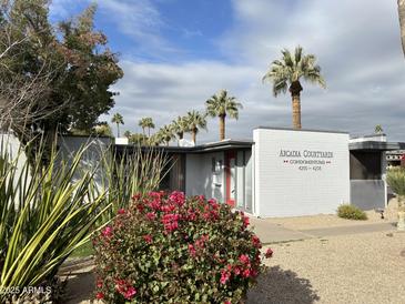 Exterior view of Arcadia Courtyards Condominiums featuring desert landscaping, palm trees and red accents at 4206 N 38Th St # 3, Phoenix, AZ 85018